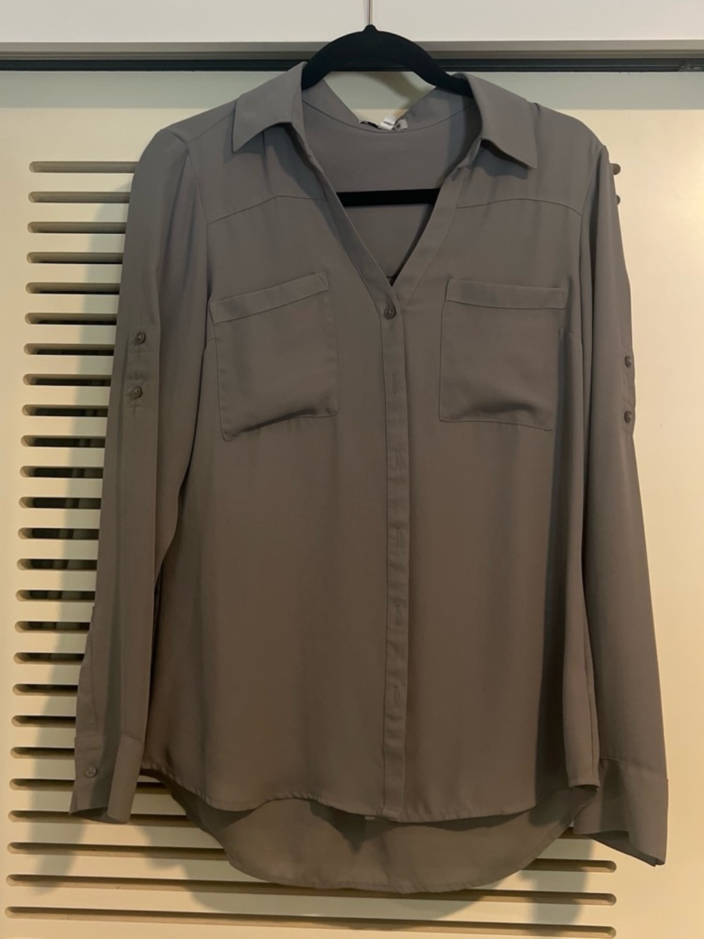 Express Taupe Button-Front Long Sleeve Shirt